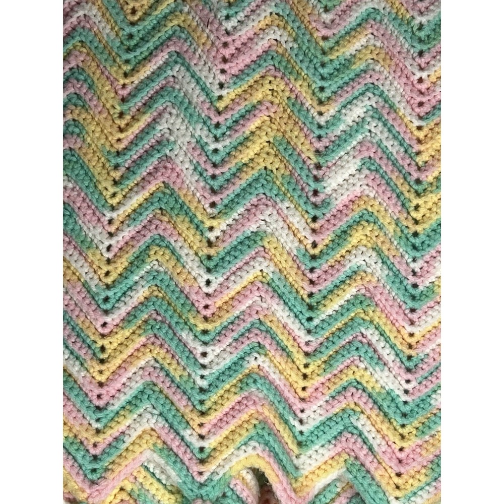 Handmade Crochet Chevron Throw Blanket Pastel Pink Yellow Green Zig Zag Tassels - Picture 2 of 6